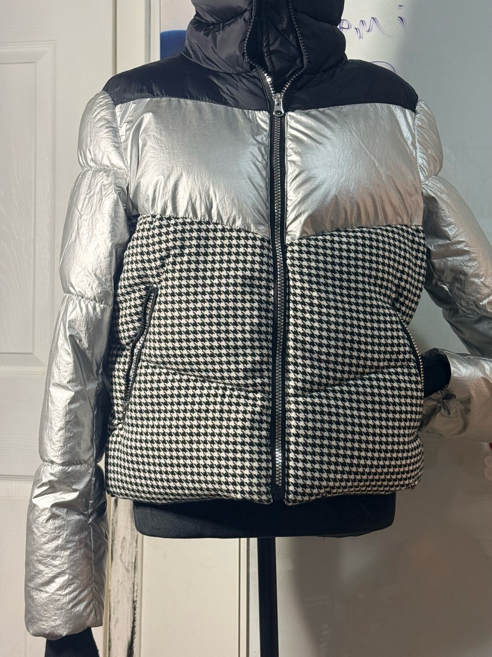 Silver & Black Houndstooth Puffer Jacket Steve Madden